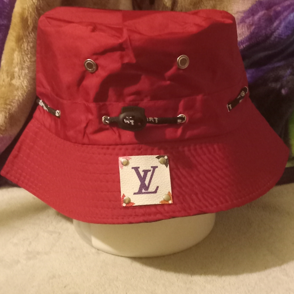 Upcycled Red Bucket Hat with LV Logo